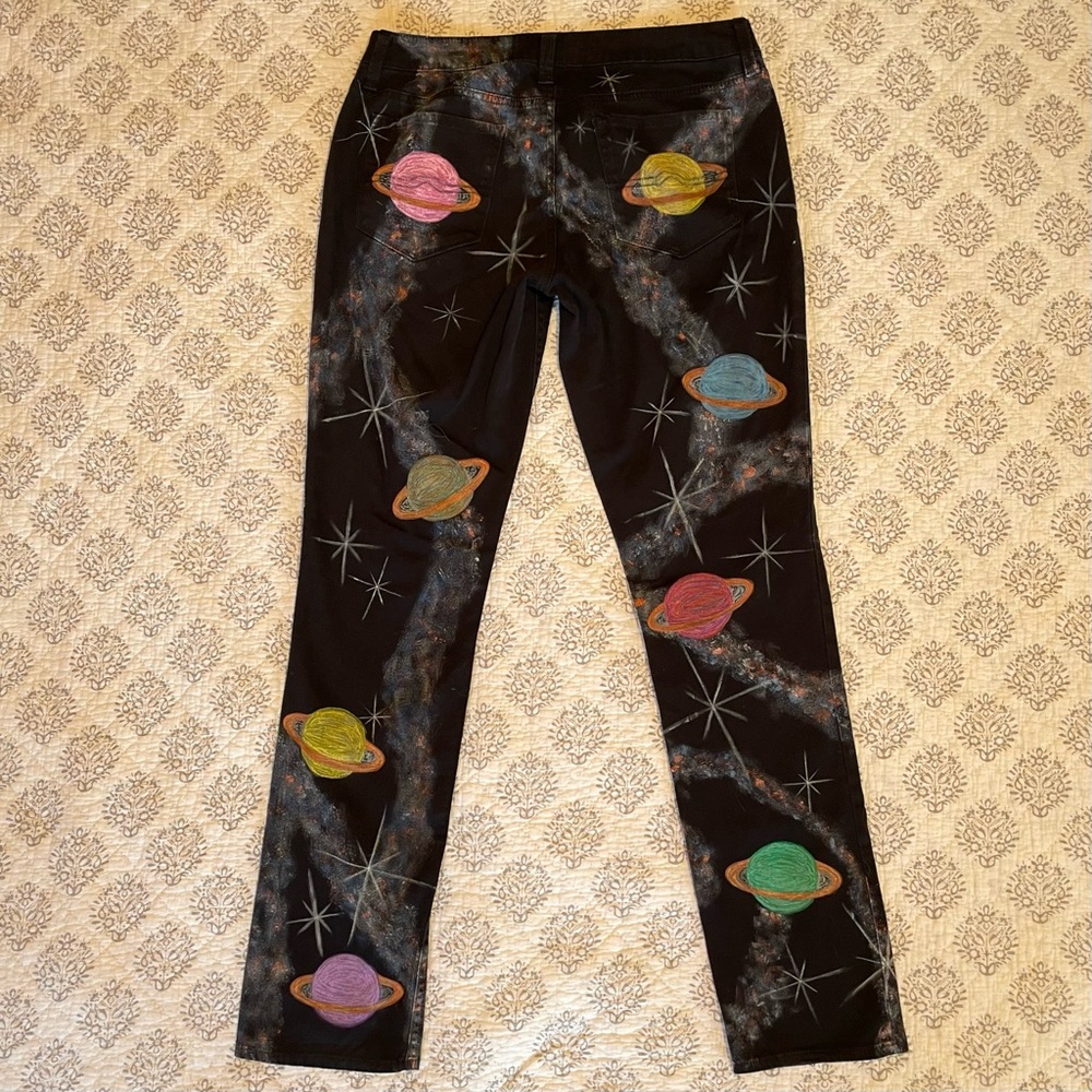 Hand Painted Black Jeans with Vibrant Planets and Stars Design OOAK Size 9 - Picture 3 of 14